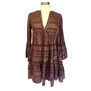 Designer ELAN TIERED BOHO GOLD METALLIC BELL SLEEVES DRESS ..! Size S